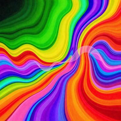 The primary subject of the image is a colorful, abstract painting featuring a rainbow-colored design. The setting is a canvas, and the visual style is a combination of digital art and illustration. The dominant colors in the painting are red, orange, yellow, green, and blue, creating a vibrant and lively atmosphere.